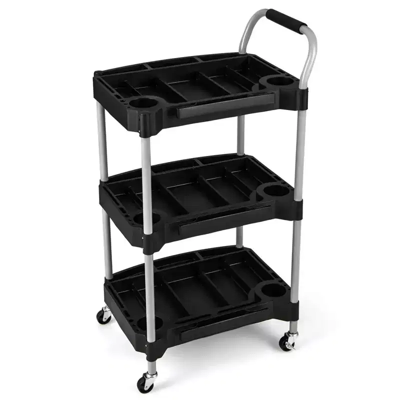 3-Tier Rolling Tool Cart, Metal, 99 lb Capacity, 4 Locking Wheels, 6 Bottle Holders, Black