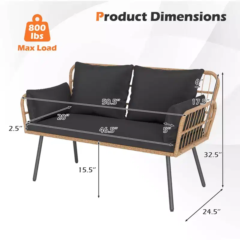 Costway Patio Wicker Loveseat Furniture with Seat Back Cushions, Heavy-Duty Metal Legs Off-White/Black