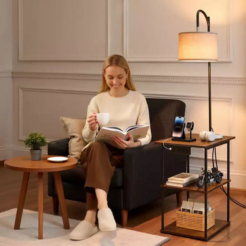 Floor Lamp with Table, Narrow 3-Tier End Table with Open Shelves & 3 Color Temperature Lighting, USB & Type C & AC Charging Port,Brown & Black