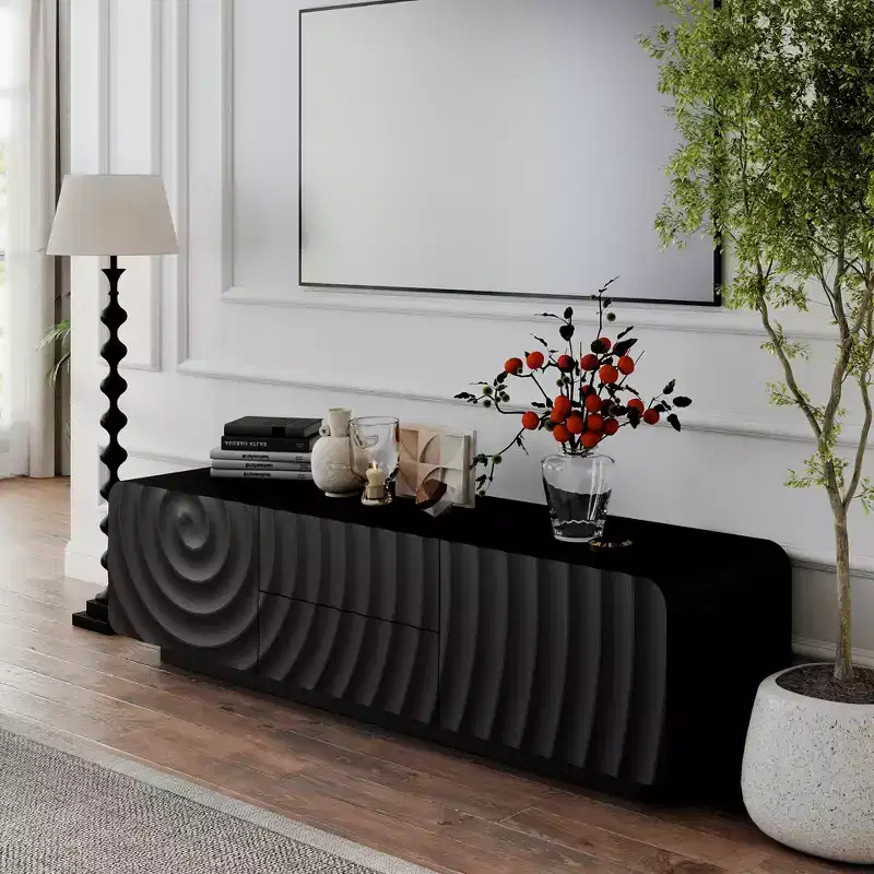 58 TV Stand with Storage Cabinet, Spiral Wave Design TV Entertainment Center with 2 Drawers