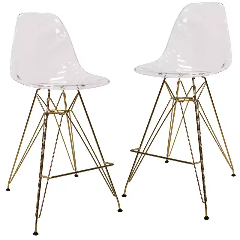 Clear / Transparent Acrylic Counter Stool, Gold Steel Base, Armless Mid-Back, Set of 2