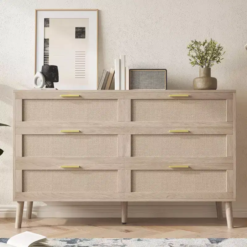 6 Drawer / 8 Drawer Dresser, Natural Rattan Dresser, Farmhouse Wood Chest of Drawer with Golden Handles for Living Room, Entryway, Hallway