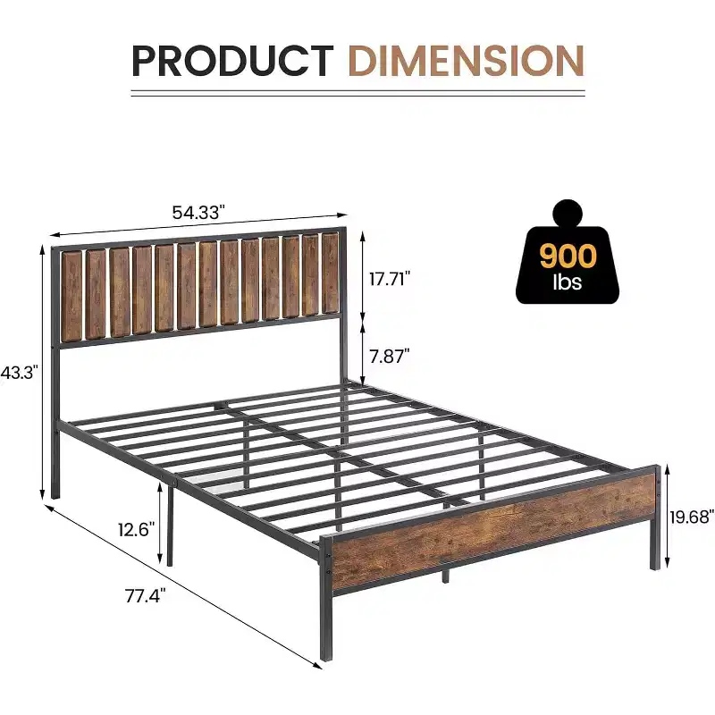 Bed Frame with Wood Headboard,Metal Platform Bed Frame with Heavy Duty Steel Slats, No Box Spring Needed