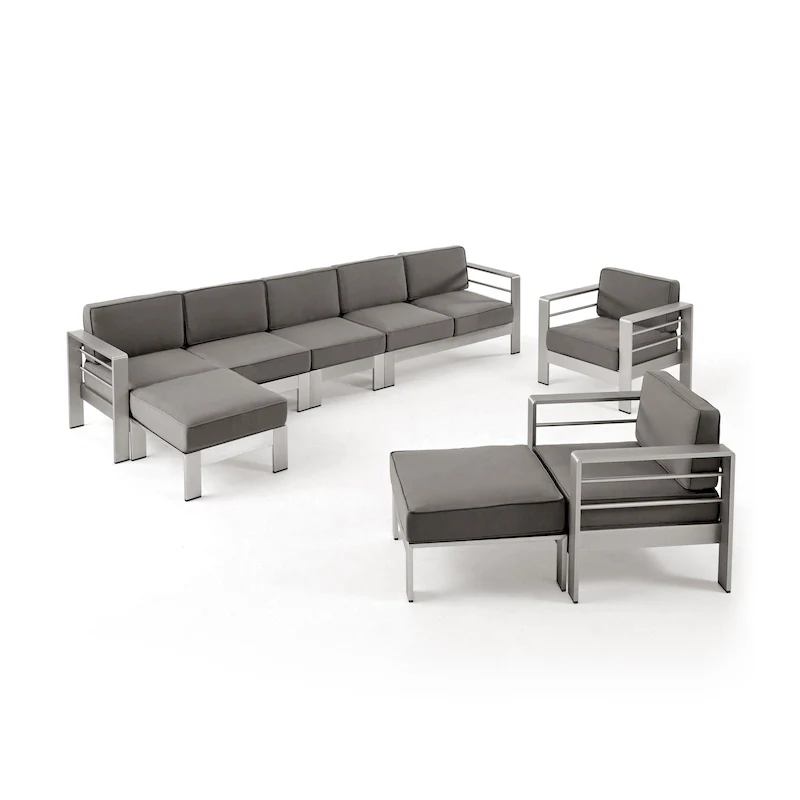 Cape Coral Outdoor Modern 7 Seater Aluminum Chat Set with Ottomans by Christopher Knight Home