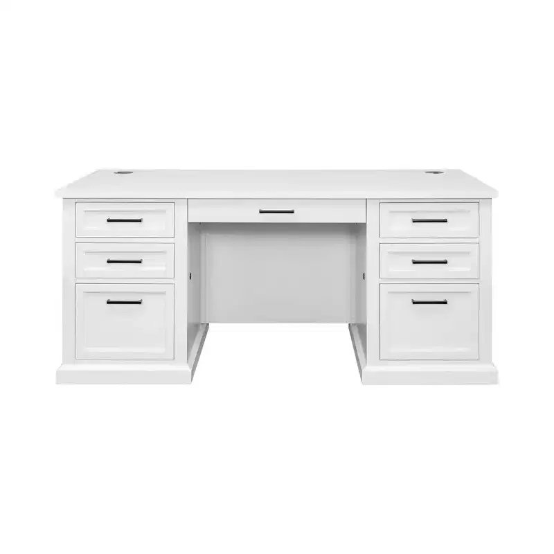 Modern Wood Double Pedestal Desk Fully Assembled White Finish - Abby Collection - Martin Furniture: Executive Office, Cable Management