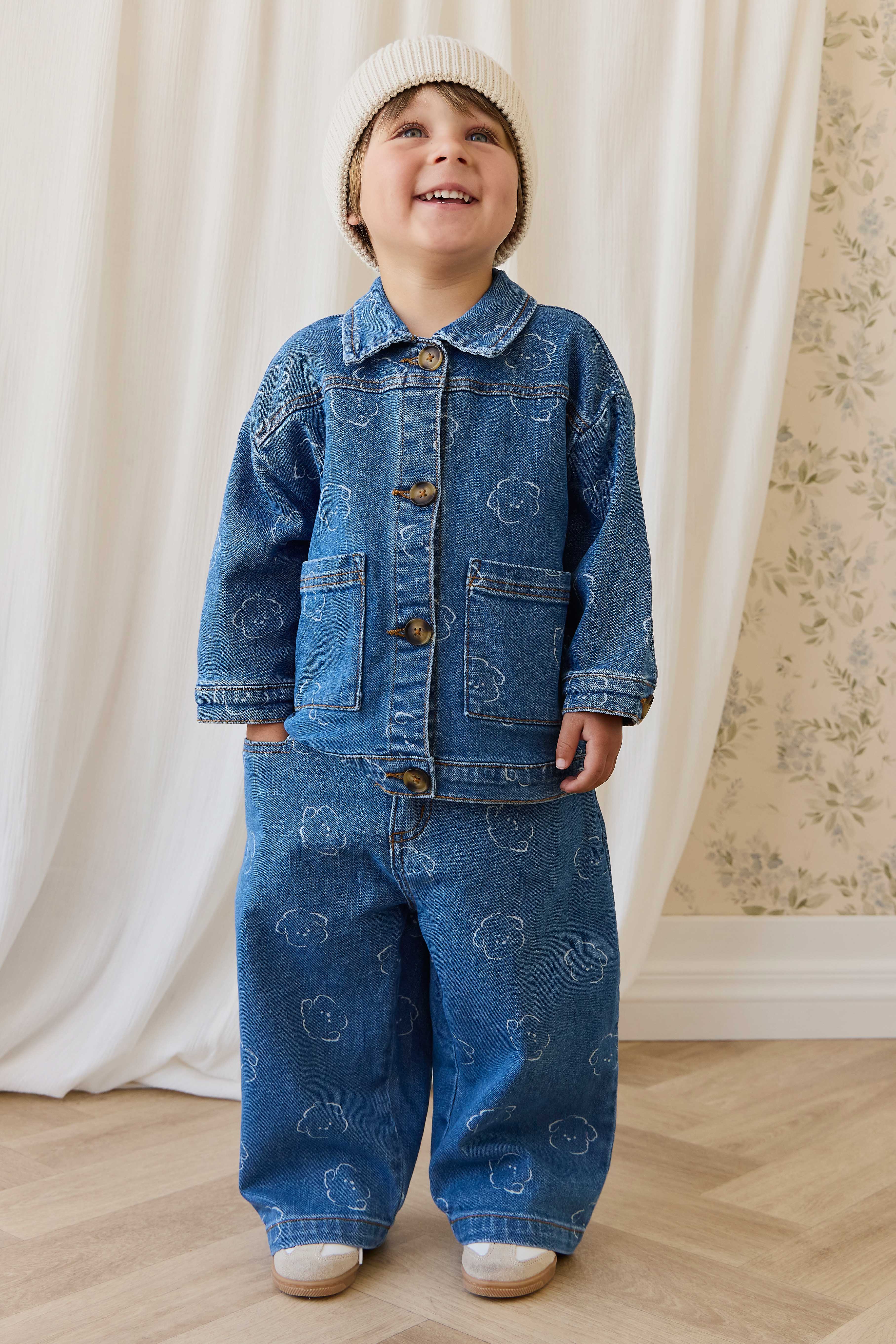 Casual Mid Blue Denim Bear-Print Cotton Jacket with Button Front & Patch Pockets for Kids 6M–8Y