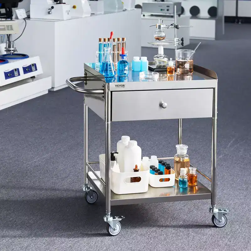 VEVOR Medical Cart, 2-Layer Stainless Steel Cart 220 lbs Weight Capacity, Lab Utility Cart with 360 Silent Wheels and a Drawer