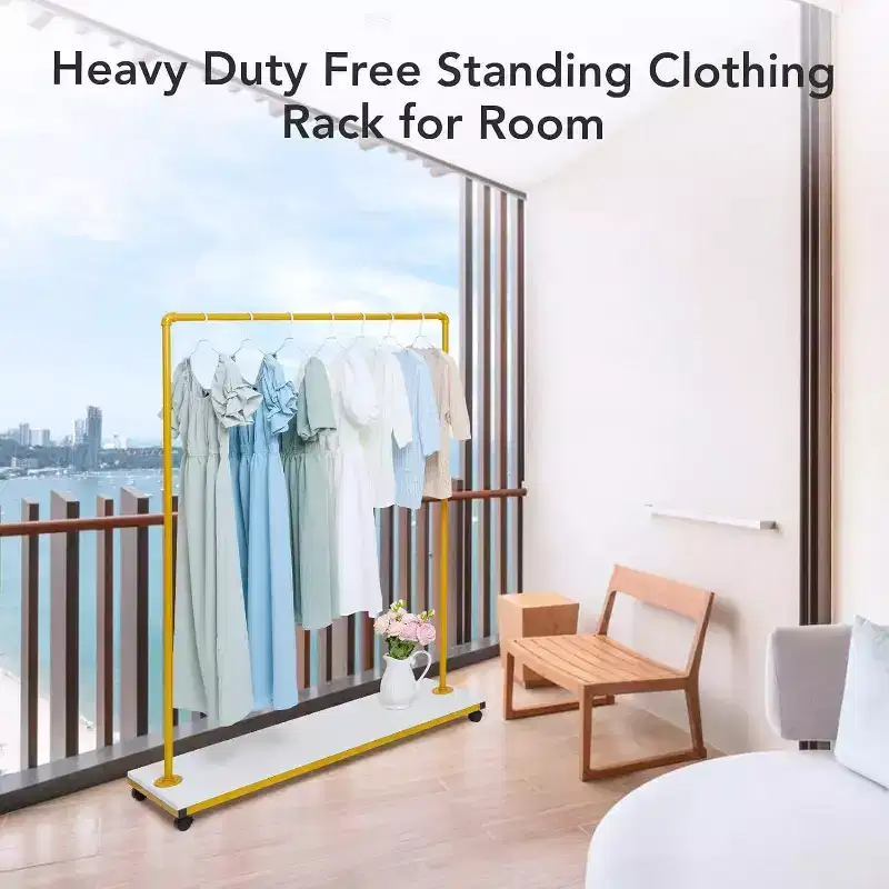 Acekool Gold Rolling Clothing Rack - Heavy Duty Metal Garment Rack with Wheels & Shelves for Home/Boutique