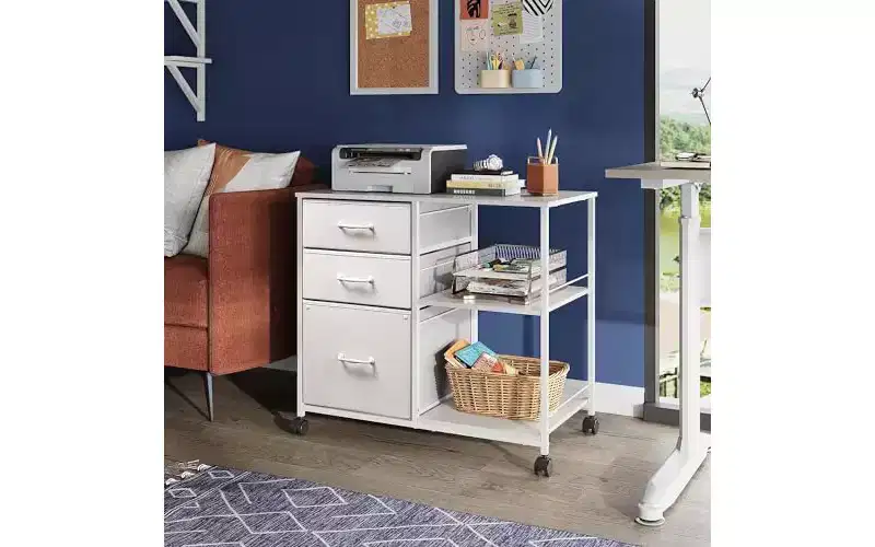 3 Drawer Mobile File Cabinet with Open Storage Shelf and Fabric Drawers, Fits A4 or Letter Size, White