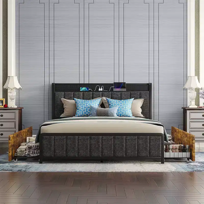 VECELO Full/Queen Size Upholstered Lift Up Storage Bed, Metal Frame Platform Bed with Lighted Headboard, USB Ports and Shelves, Brown/Gray