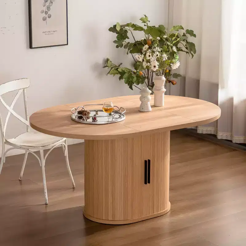 59 inch Oval Dining Table with Double-Layer Storage Shelf and Wood Slide Door