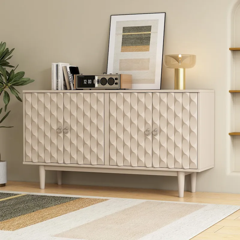 4-Door Sideboard with Convex Pattern Doors, Silver Handles