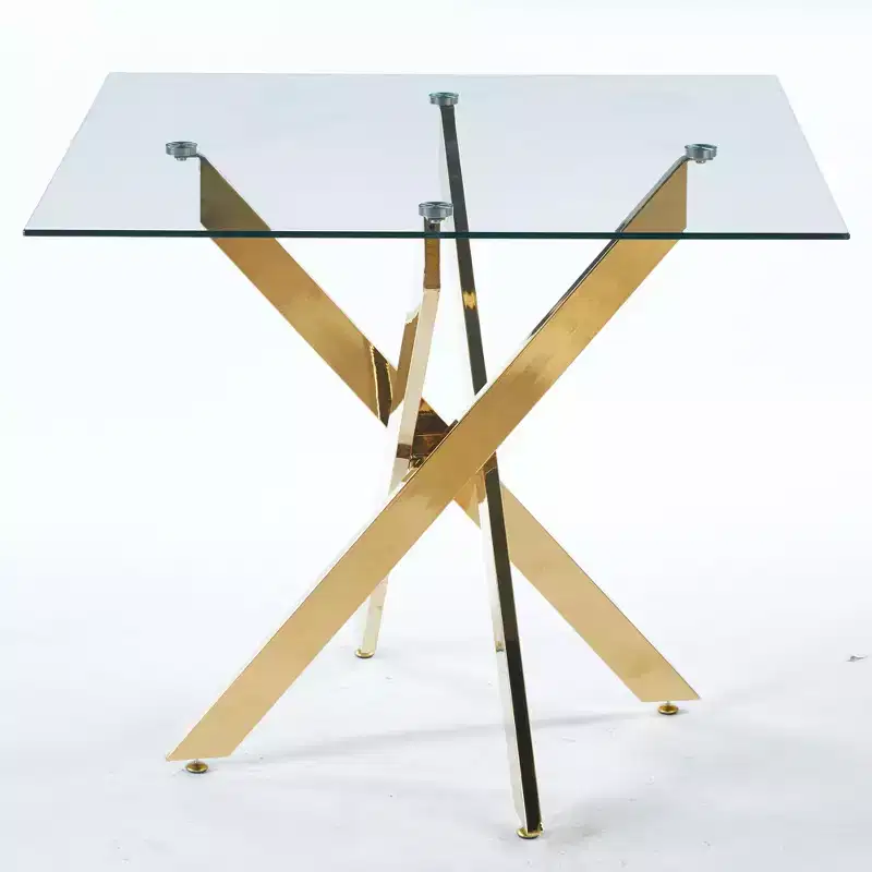 Square Tempered Glass Dining Table with Gold Cross Metal Legs, Space-Saving, 90x90x75cm