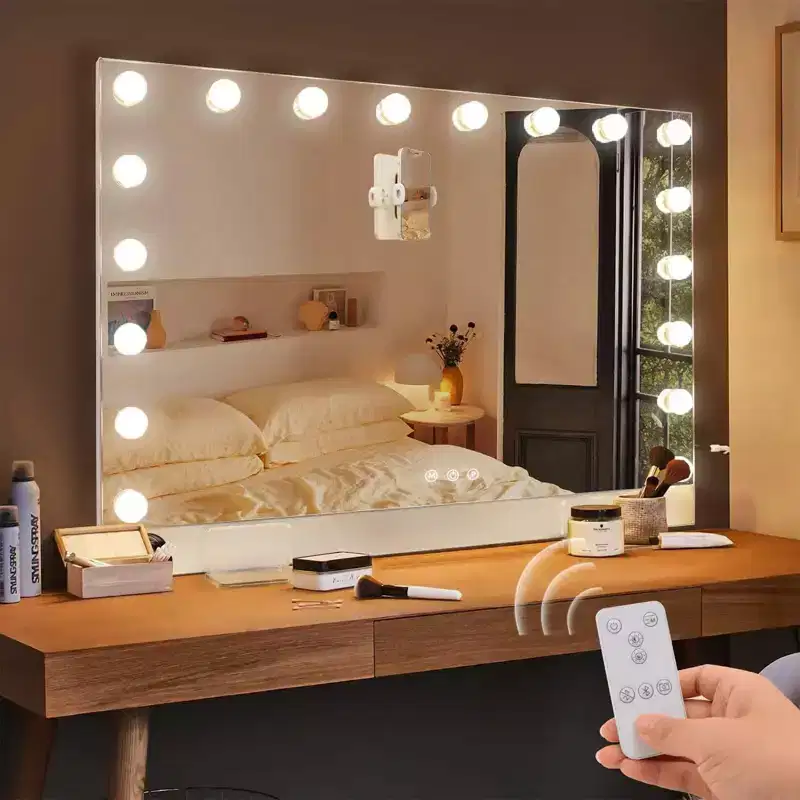 Modern Vanity Mirror with LED Lights, Remote Control, Charging Port and Phone Holder