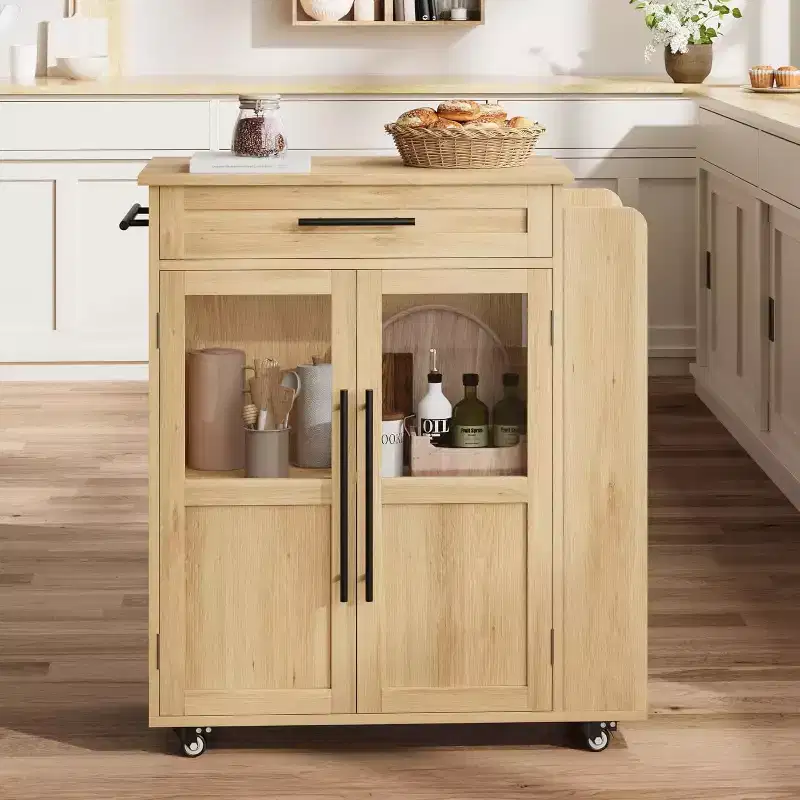 Mobile Rolling Kitchen Island Cart with Storage Cabinet Doors and Spice Rack