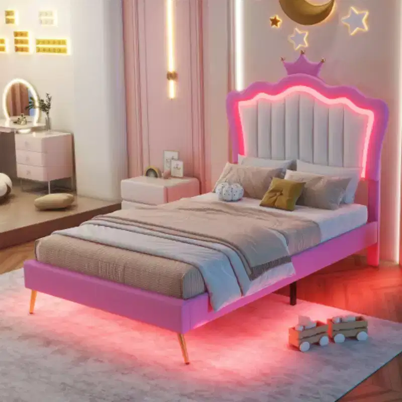 Single Dimension Upholstered Bed Frame with LED Lights, Modern Princess Bed with Crown Headboard and Drawer.