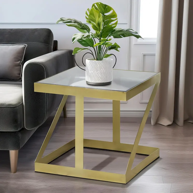 Black/Gold Glass Top Side Accent Table – Iron Frame, 22