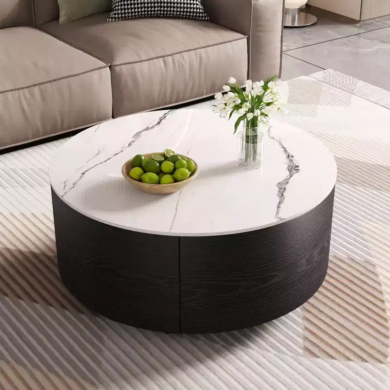 Modern Round Coffee Table with Sintered Stone Top, 2 Drawers & Rolling Casters
