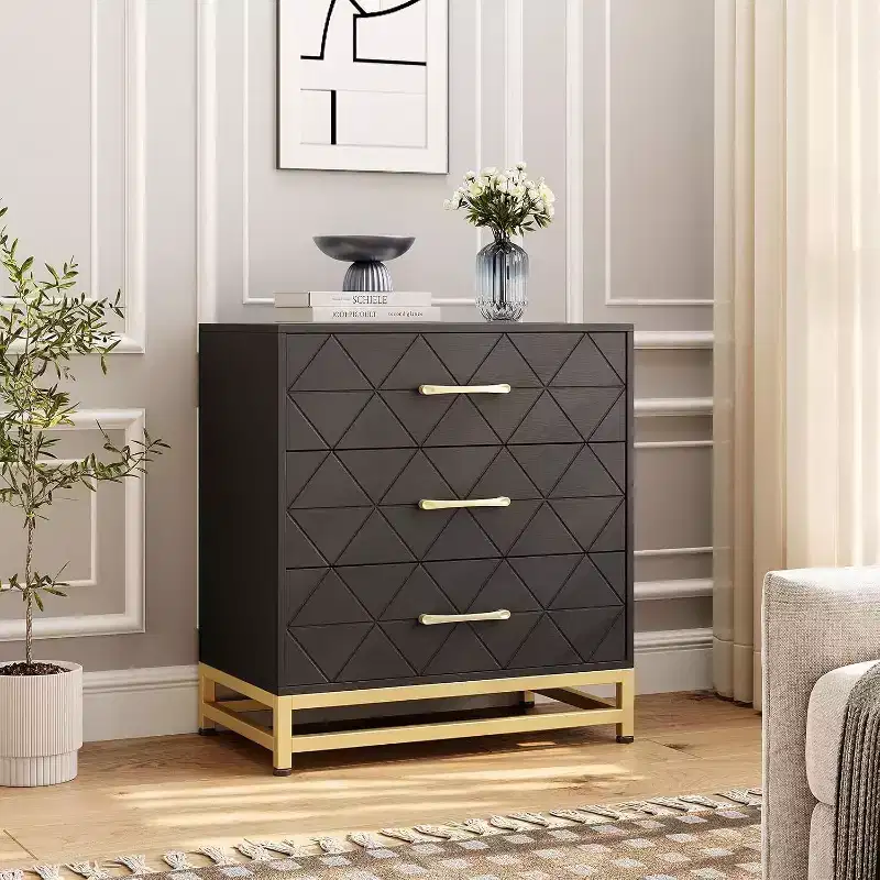 Black / Pink / White 3-Drawer Dresser, Modern Style