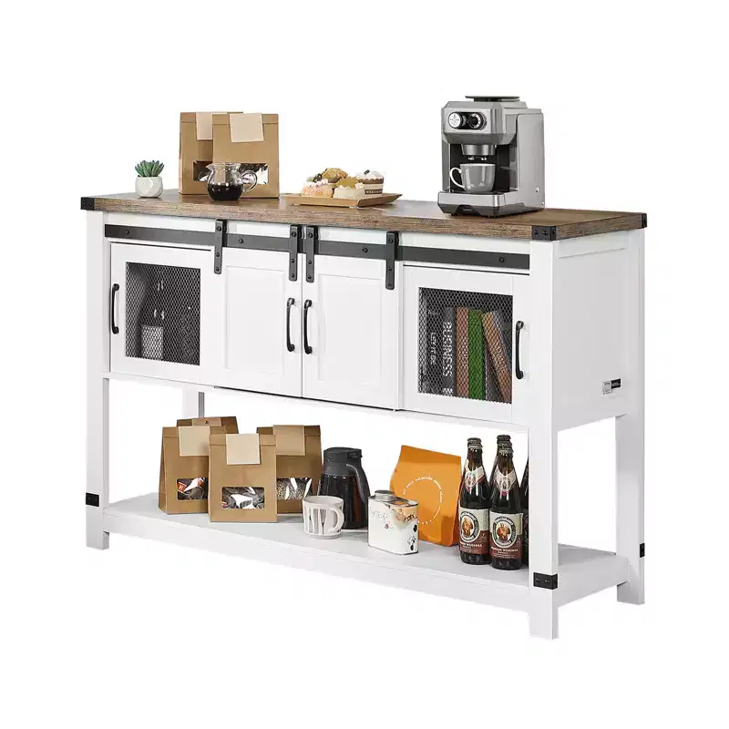 VEVOR Coffee Bar Cabinet, 47.3 x 15.7 x 32.7 in Farmhouse Coffee Bar Cabinet with 4-Tier Storage, Coffee Bar Table with Barn Doors, White