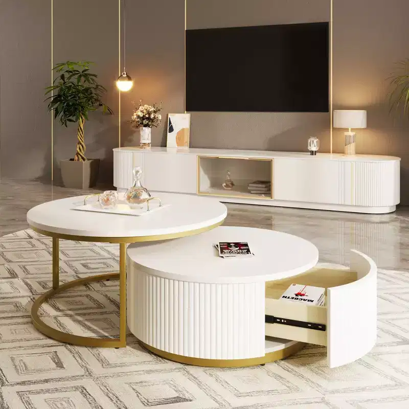 TUYOHW Modern Nesting Coffee Table,31.5/27.6 Fluted Table with Drawer,Living Room Accent Table,Sturdy MDF Top & Metal Base,80lbs Capacity