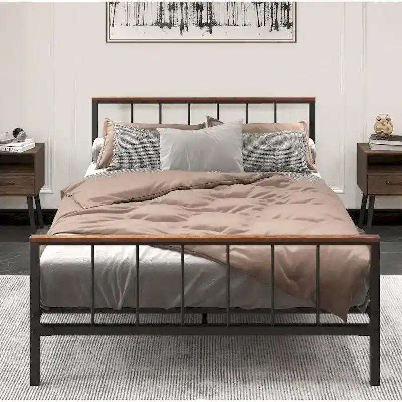 Black Metal Platform Bed Frame with Headboard & Footboard – Queen, Fits 2–3