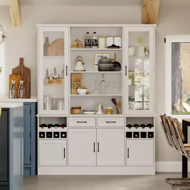 Famapy White Kitchen Cabinet: Glass Doors, Wine Rack,Multi - Storage Zones  Perfect for Display & Storage