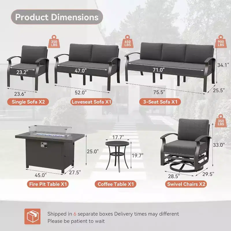 ALAULM Aluminum Patio Furniture Set 9-Seat Modern Metal Outdoor Conversation Sets w/45in Propane Fire Pit Table