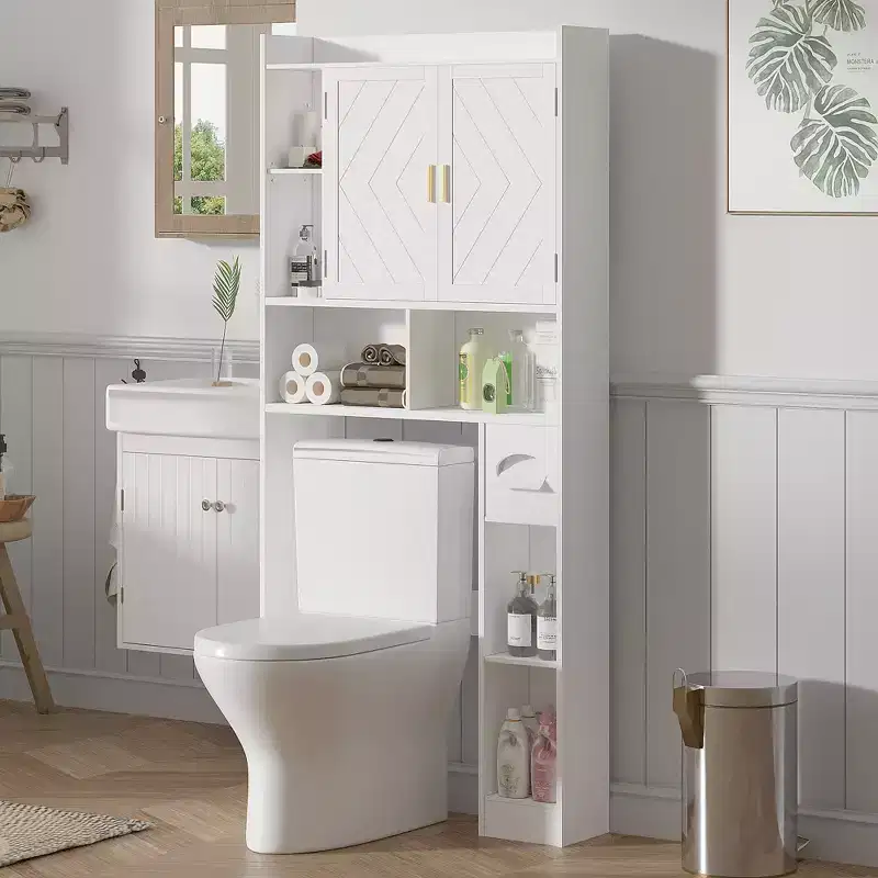 VECELO Over The Toilet Storage Cabinet, Storage Cabinet with Door & Toilet Paper Holder Stand, Space-Saving Toilet Rack, White
