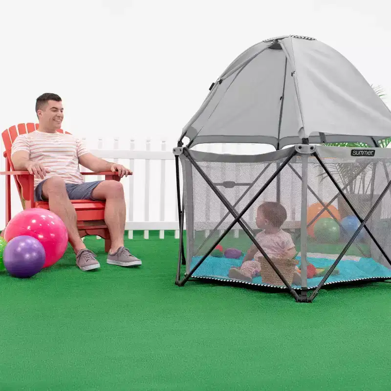 Pop 'n Play Sweet Life Edition Hex Playard - Aqua Sugar: Canopy, Carrying Bag, Steel Frame