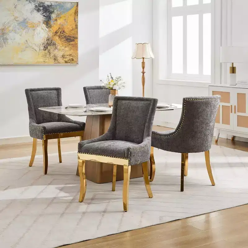 Okak Modern Chenille Dining Chairs Set of 2, Comfy Fabric Chairs with Thick Upholstered, Accent Chairs with Gold - Plated Legs Rivet Trim
