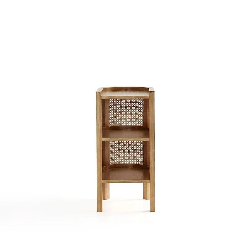 Side Table — Black with Natural Woven Rattan