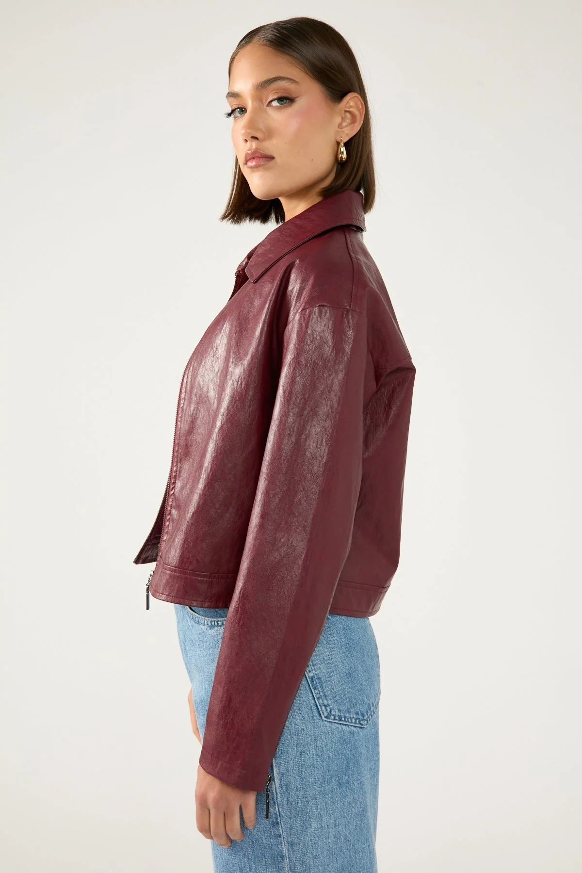Faux Leather Zip Up Jacket Burgundy