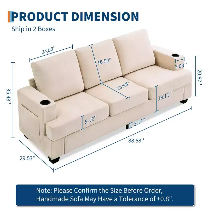 88 Modern Sofa Couch With Soft Armrest, 3 Seater Upholstered Sofa with Cup Holders & Side Pockets, Deep Seat Couch for Living Room Bedroom