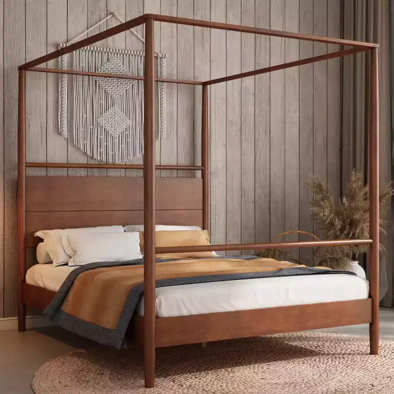 Modern Rustic Solid Wood Canopy Bed Frame with Built-in Headboard