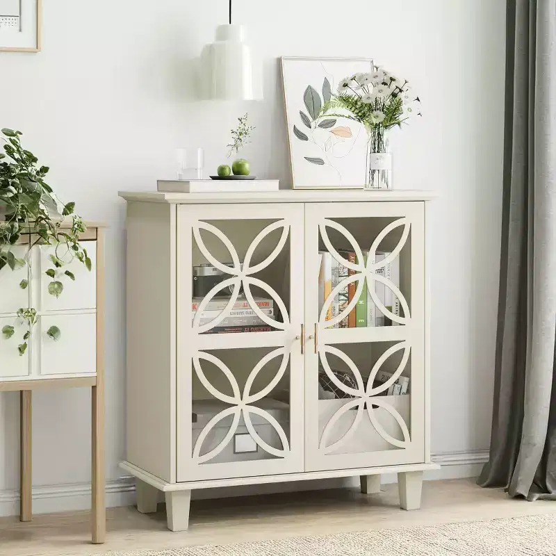 MAYEERTY Sideboard Buffet Stoarge Cabinet with Tempered Glass Doors Modern Retro Kitchen Console Table for Living Room Kitchen Cream Color