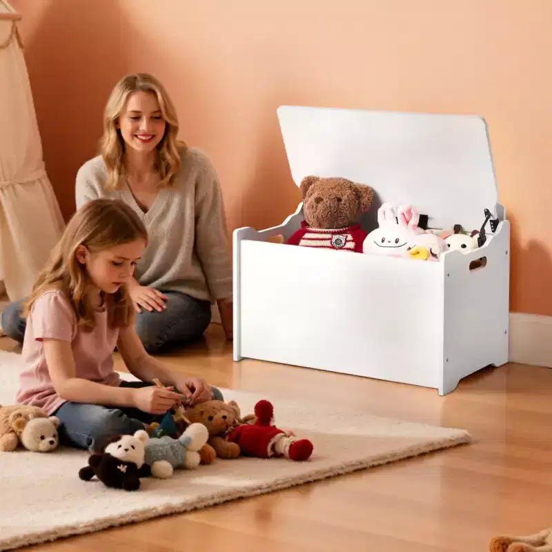 VEVOR Kids Storage Bench, Wooden Toy Box Chest with Backrest, Large Storage Cabinet with Safety Hinge, Toddlers Storage Bench for Playroom, White