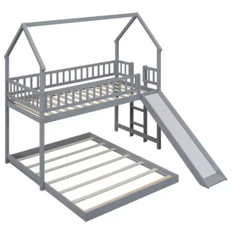Twin over Full House Bunk Bed with Slide and Built-in Ladder, Full-Length Guardrail, Gray