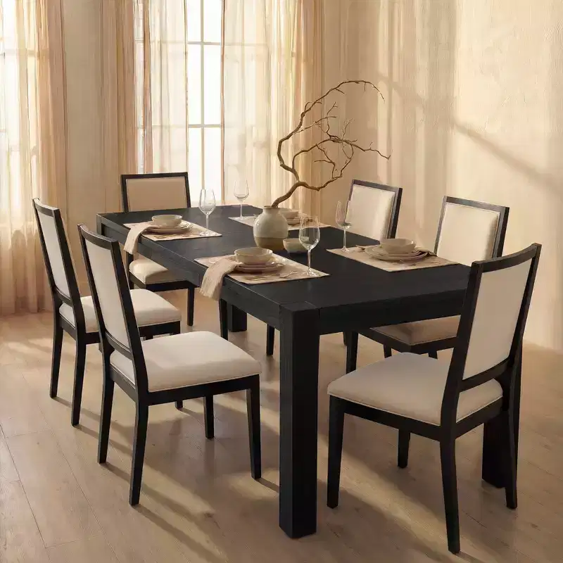 Modern Dining Set - 80 Table + 6 Cushioned Chairs, Solid Wood Frame, 400lbs Table Capacity, Easy Assembly