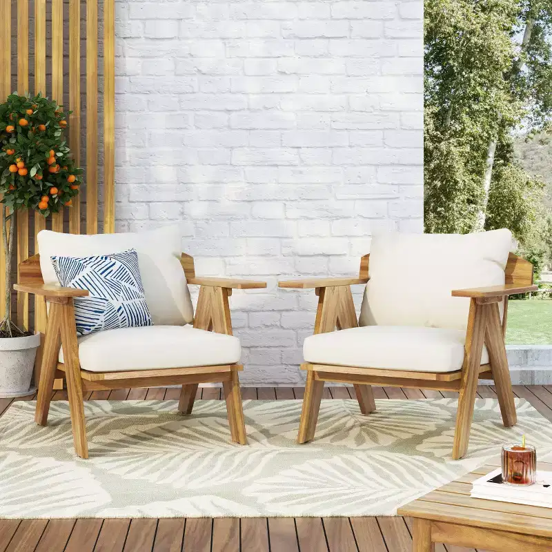 Okak Rusitc Acacia Wood Patio Club Chairs Upholstered Accent Chairs,Set of 2,Boho Outdoor Teak Finish Chair,Outdoor Furniture Seating