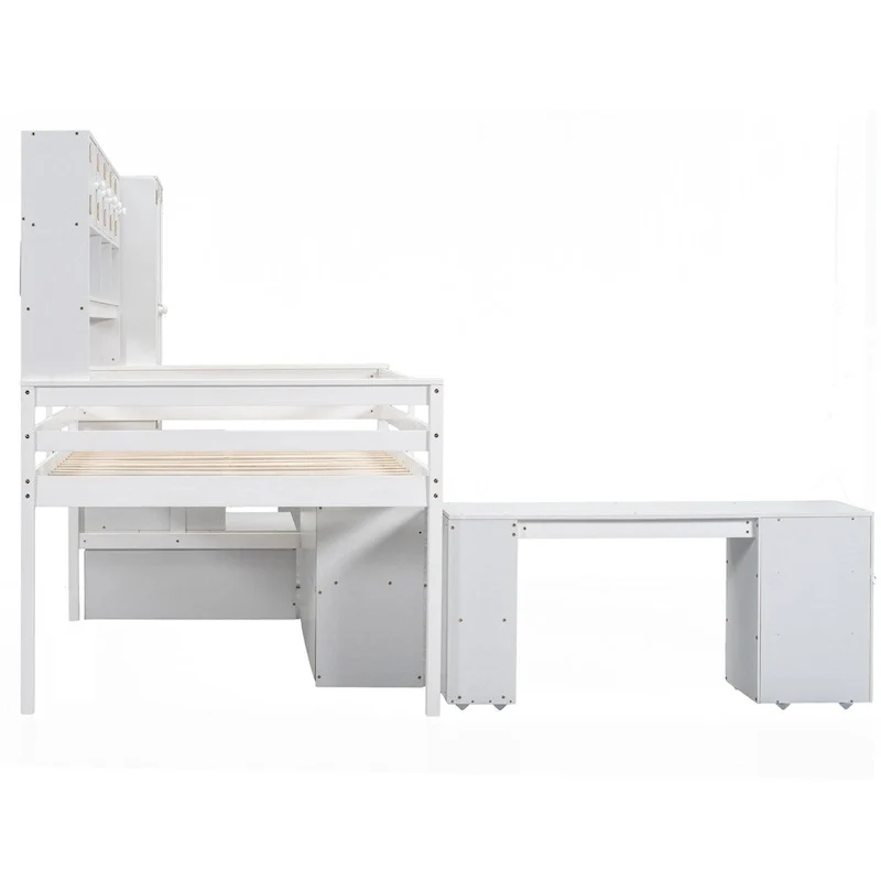 Full Size Wood Loft Bed with Under-bed Desk and Drawers