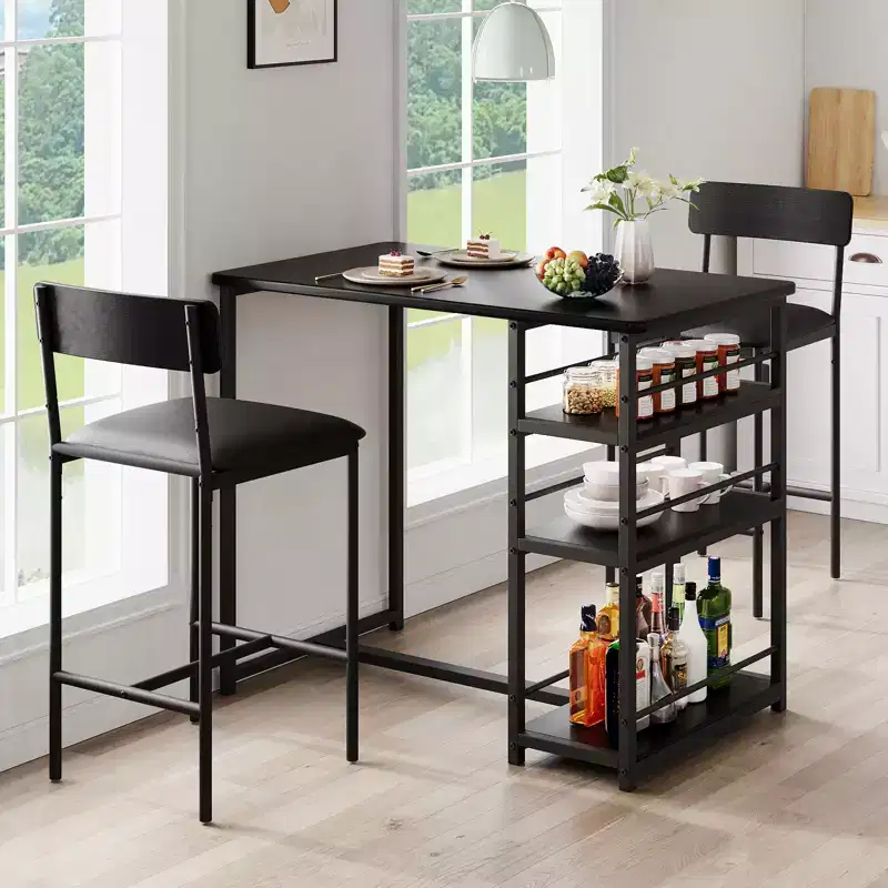 Bar Table Set for 2 with 2 PU Cushion Stools and 3 Storage Shelves, 3 Piece