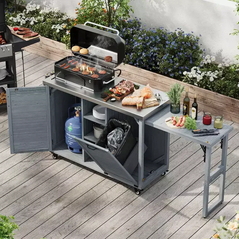 Outdoor Kitchen Island with Foldable Side Table,Outdoor Grill Cart with Stainless Steel Top,Hidden Trash Cabinet for Lawn & Garden