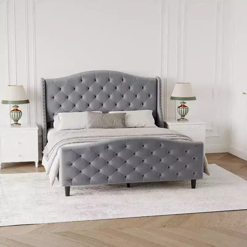 Bed Frame, Upholstered Bed Frame with Headboard and Footboard, Modern Linen Design, Button Tufted with Rivets, No Box Spring Required