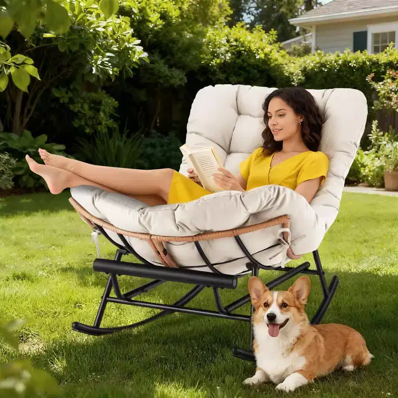 Oversized Papasan Rocker - Indoor/Outdoor Rattan Rocking Chair with Removable Cushion & Footrest for Patio, Porch, Living Room, Bedroom, Lawn,Garden