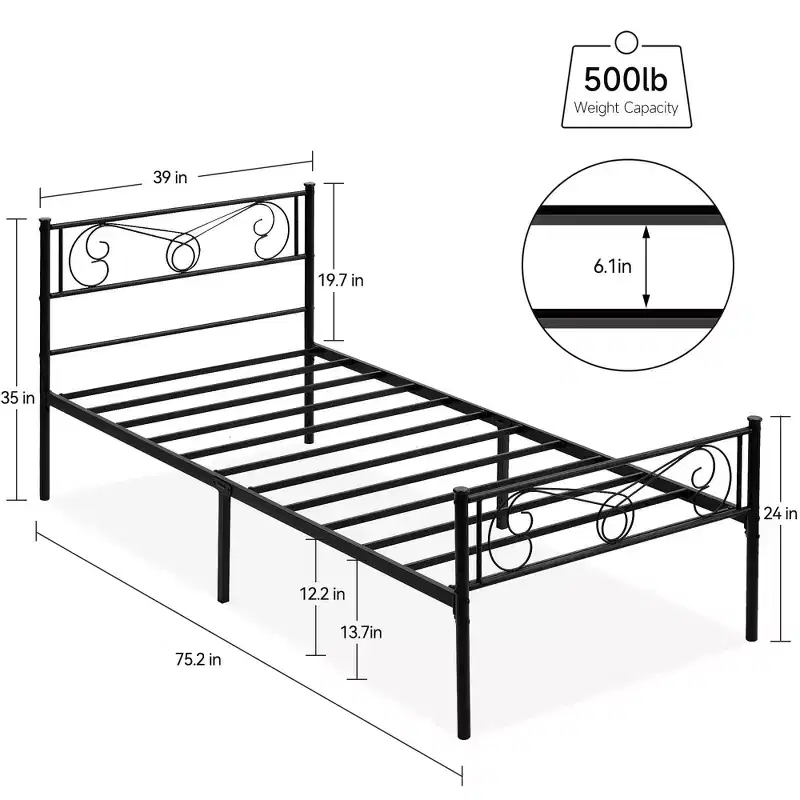 Metal Bed Frame with Headboard and Footboard, 12'' Storage Space - Heavy Duty Steel Slats Support, Noise-Free & Easy Assembly