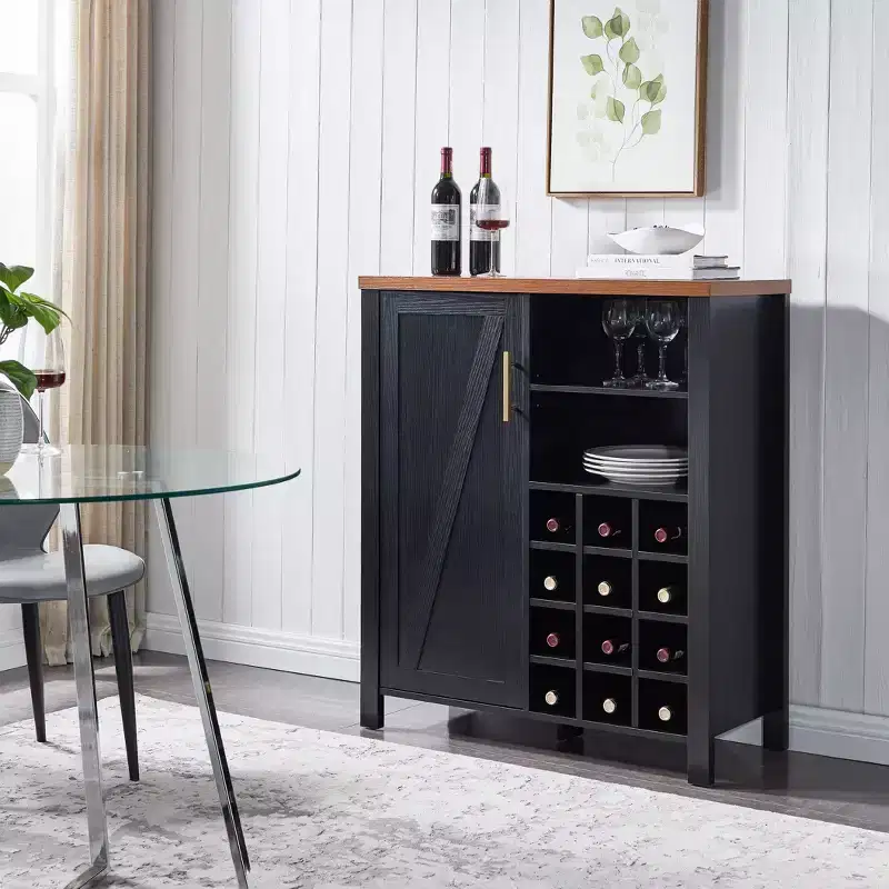 Farmhouse Sideboard Buffet Wine Bar Cabinet with 12-Bottle Rack & Gold Handle, Black & Walnut