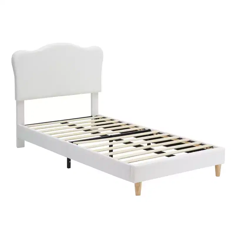 Bed Frame for Kids, Upholstered Platform Bed with Cute Boucle Velvet Headboard for Girls, No Box Spring Needed, Easy Assembly, Durable Design