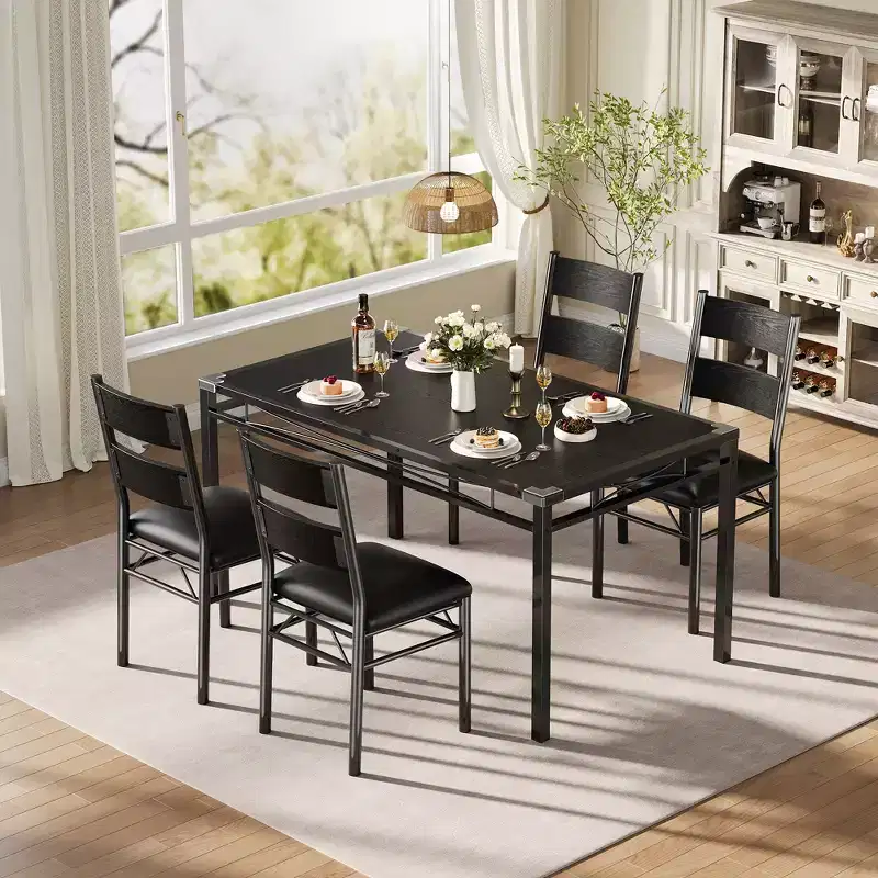 Dining Table Set  4 Upholstered Chairs, Sturdy Wood Construction, Corner Protectors, Perfect for Apartment or Small Dining Room