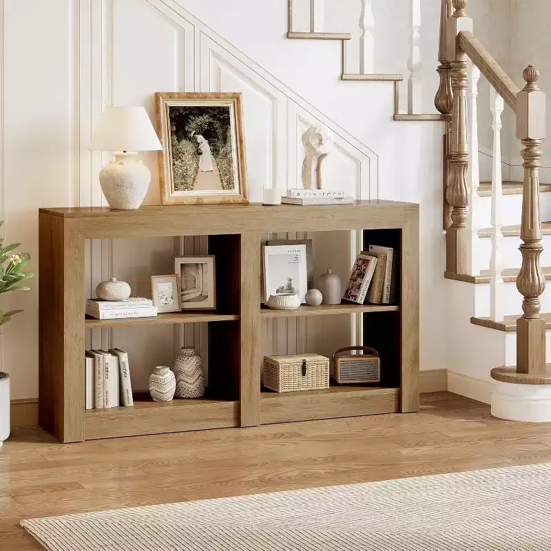 Lantine 59-Inch Entryway Table with 2-Tier Shelf, Rectangle Design Sofa Console Table for Entryway, Living Room, Hallway, Oak Color